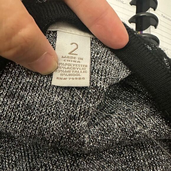 Chico’s Black Silver Metallic Brocade Wool Blend‎ Open Front Midi Cardigan sz M - Picture 8 of 10